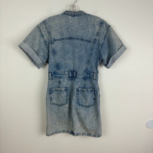 NWOT Topshop Acid Wash Denim Shirt Dress Y2K Utility Snap Button 6 - Picture 4 of 12